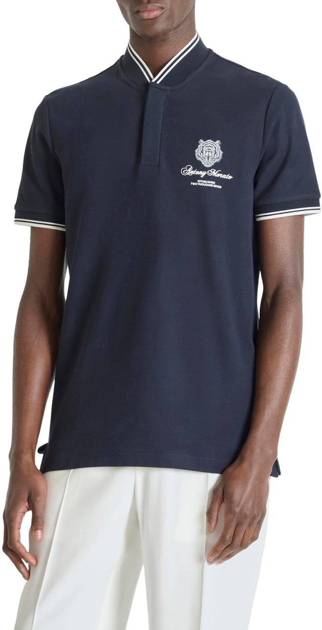 Antony Morato POLO REGULAR FIT IN PIQUET WITH KOREAN COLLAR WITH TIGER PATCH  AND MATT PLASTIC LOGO  PRINT Blauw