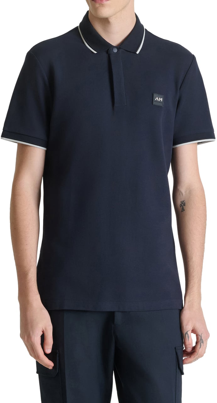 Antony Morato POLO REGULAR FIT IN PIQUET WITH STRIPED RIB ON COLLAR AND ON CUFFS AND LOGO PATCH ON SIDE Blauw
