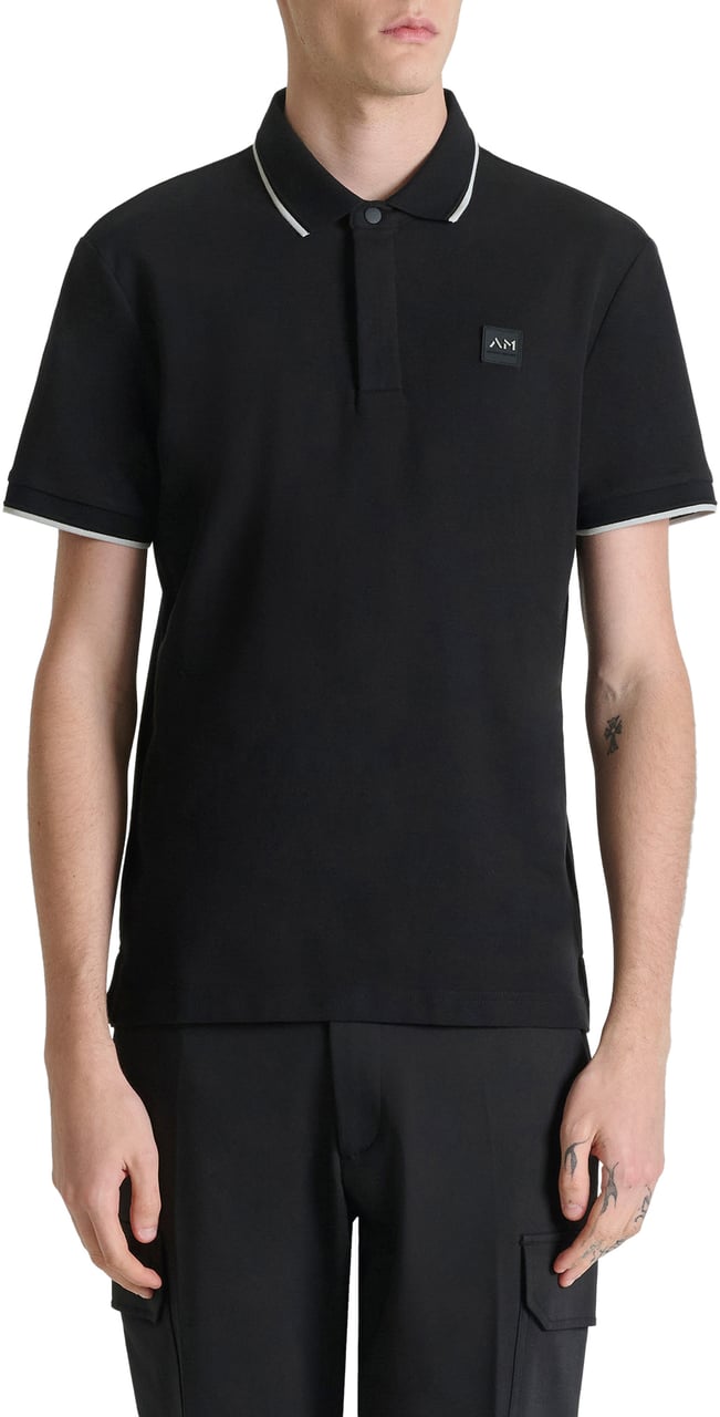 Antony Morato POLO REGULAR FIT IN PIQUET WITH STRIPED RIB ON COLLAR AND ON CUFFS AND LOGO PATCH ON SIDE Zwart