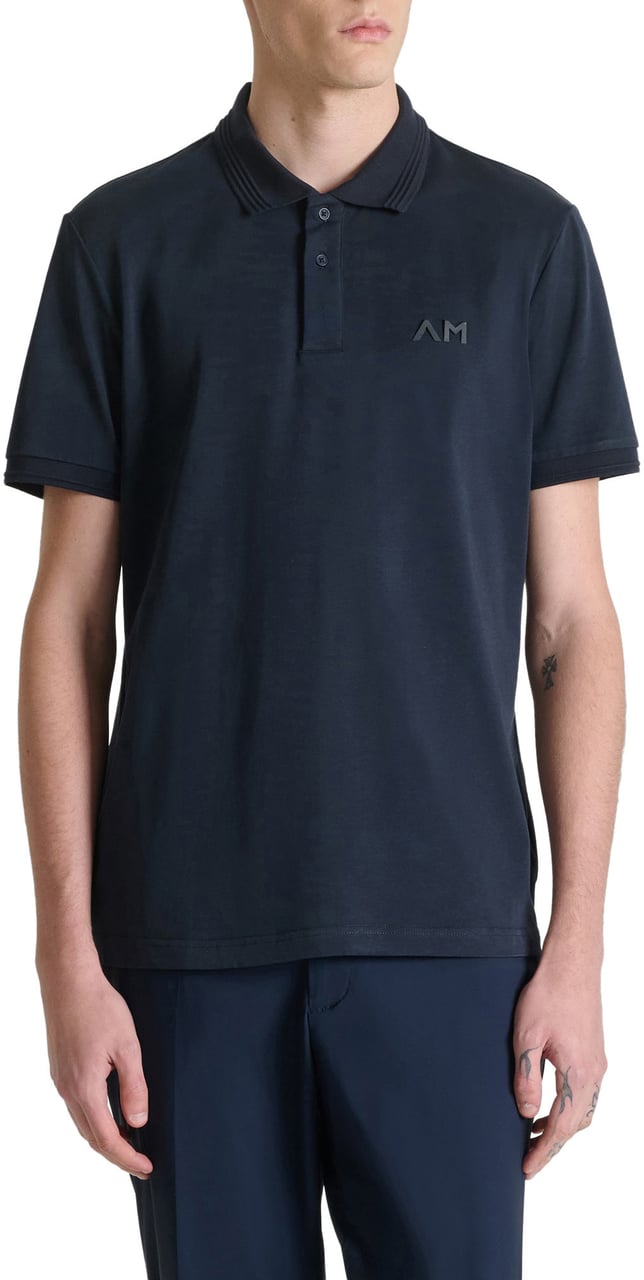 Antony Morato POLO REGULAR FIT IN JERSEY COTTON FABRIC WITH JAQUARD RIB COLLAR AND AM RUBBER CUNEO 3D  LOGO PRINT Blauw