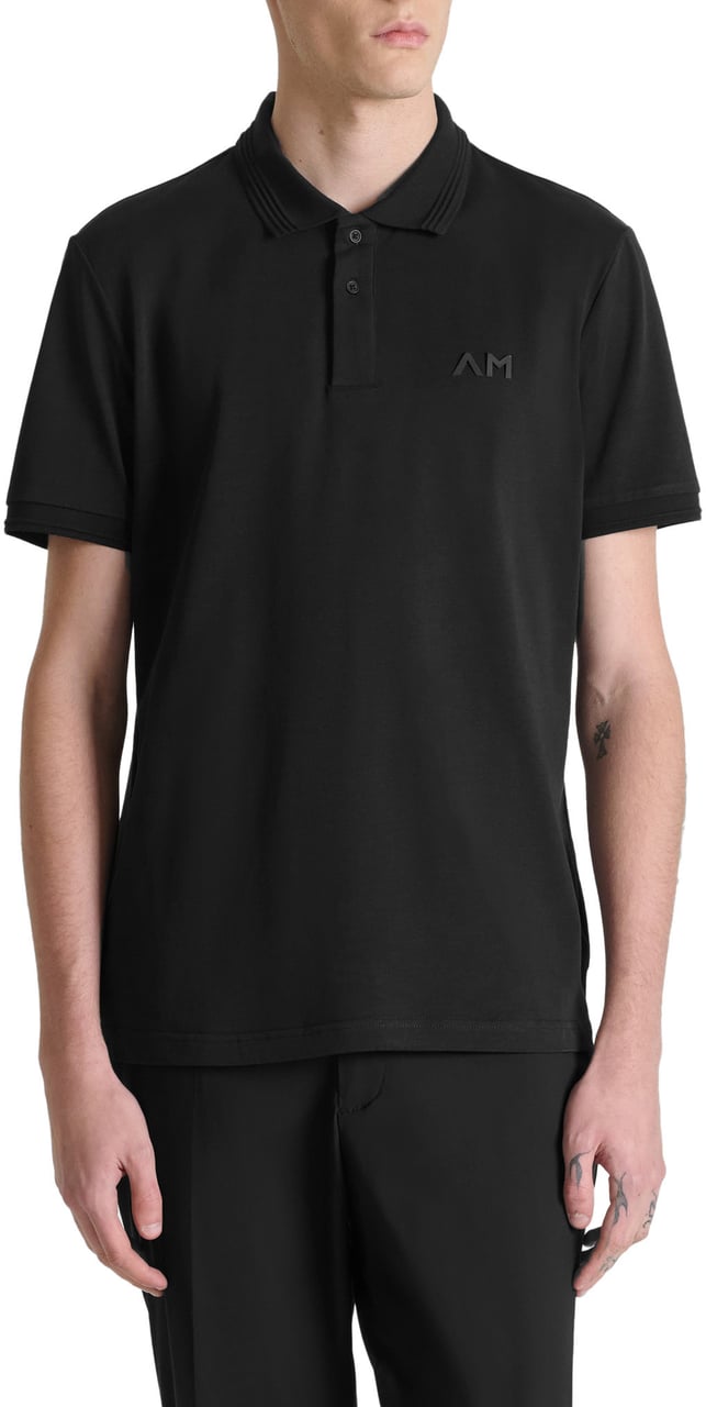 Antony Morato POLO REGULAR FIT IN JERSEY COTTON FABRIC WITH JAQUARD RIB COLLAR AND AM RUBBER CUNEO 3D  LOGO PRINT Zwart