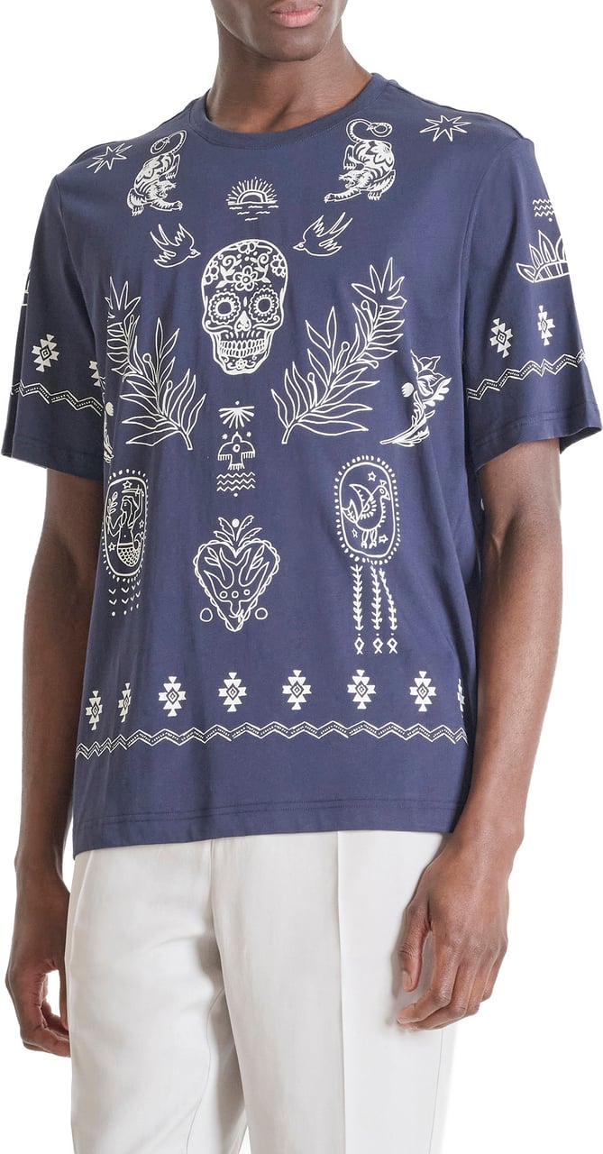 Antony Morato T-SHIRT RELAXED FIT IN COTTON JERSEY FABRIC WITH WATER PRINT IN CONTRAST COLOR Blauw