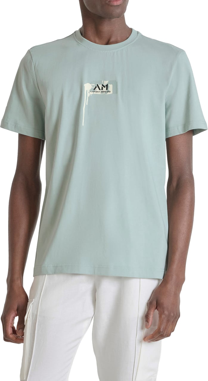 Antony Morato T-SHIRT REGULAR FIT IN JERSEY COTTON FABRIC WITH LOGO PRINT ON FORNT AND MAN PRINT ON BAKC SIDE Blauw