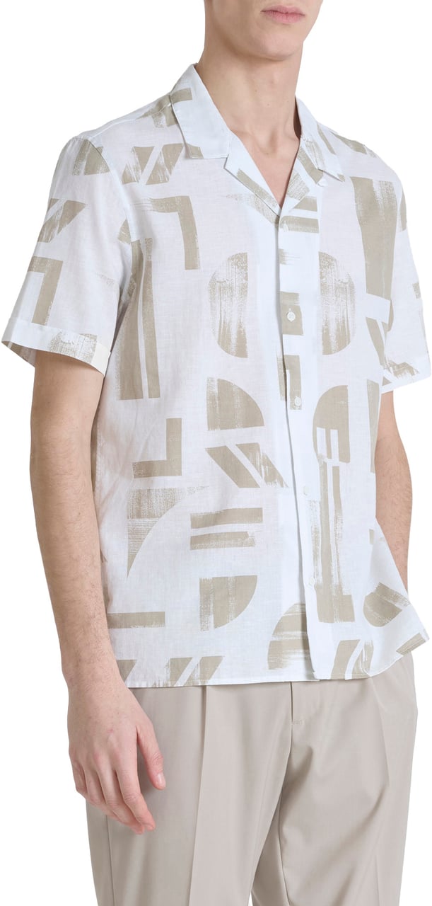 Antony Morato SHIRT HONOLULU REGULAR STRAIGHT FIT IN PRINTED COTTON LINEN BLEND FABRIC WITH LOGOED METAL BADGE Beige
