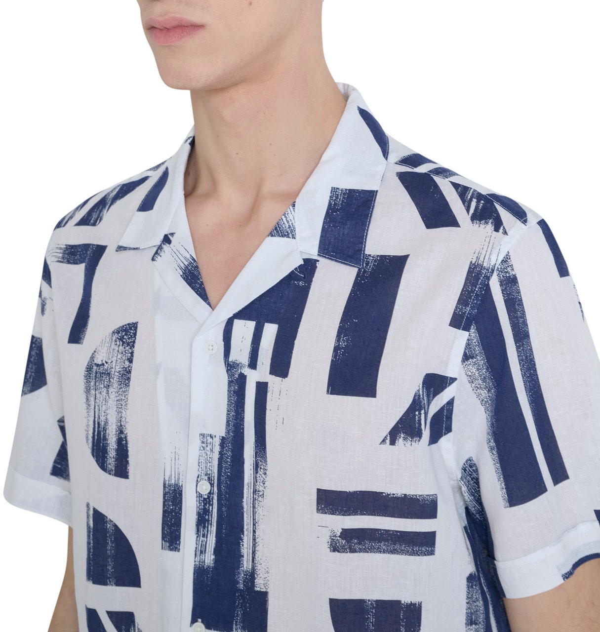 Antony Morato SHIRT HONOLULU REGULAR STRAIGHT FIT IN PRINTED COTTON LINEN BLEND FABRIC WITH LOGOED METAL BADGE Blauw