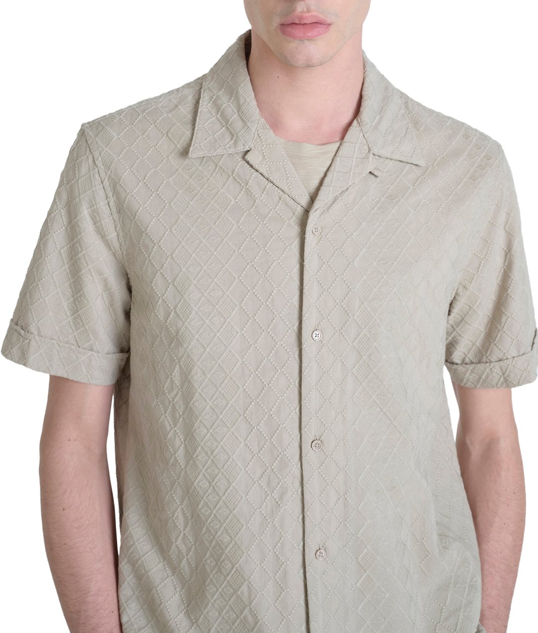 Antony Morato SHIRT HONOLULU REGULAR STRAIGHT FIT IN EMBROIDERED POPELINE COTTON WITH LOGOED METAL BADGE Beige