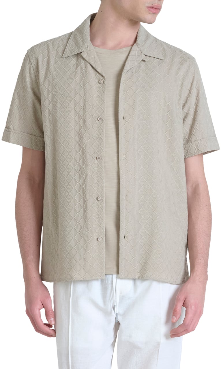 Antony Morato SHIRT HONOLULU REGULAR STRAIGHT FIT IN EMBROIDERED POPELINE COTTON WITH LOGOED METAL BADGE Beige