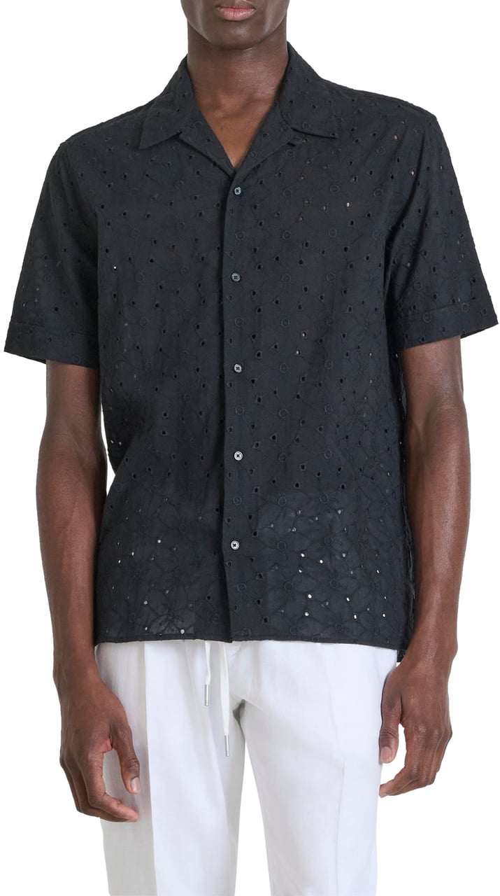 Antony Morato SHIRT HONOLULU REGULAR STRAIGHT FIT IN EMBROIDERED POPELINE COTTON FABRIC WITH LOGOED METAL BADGE Zwart