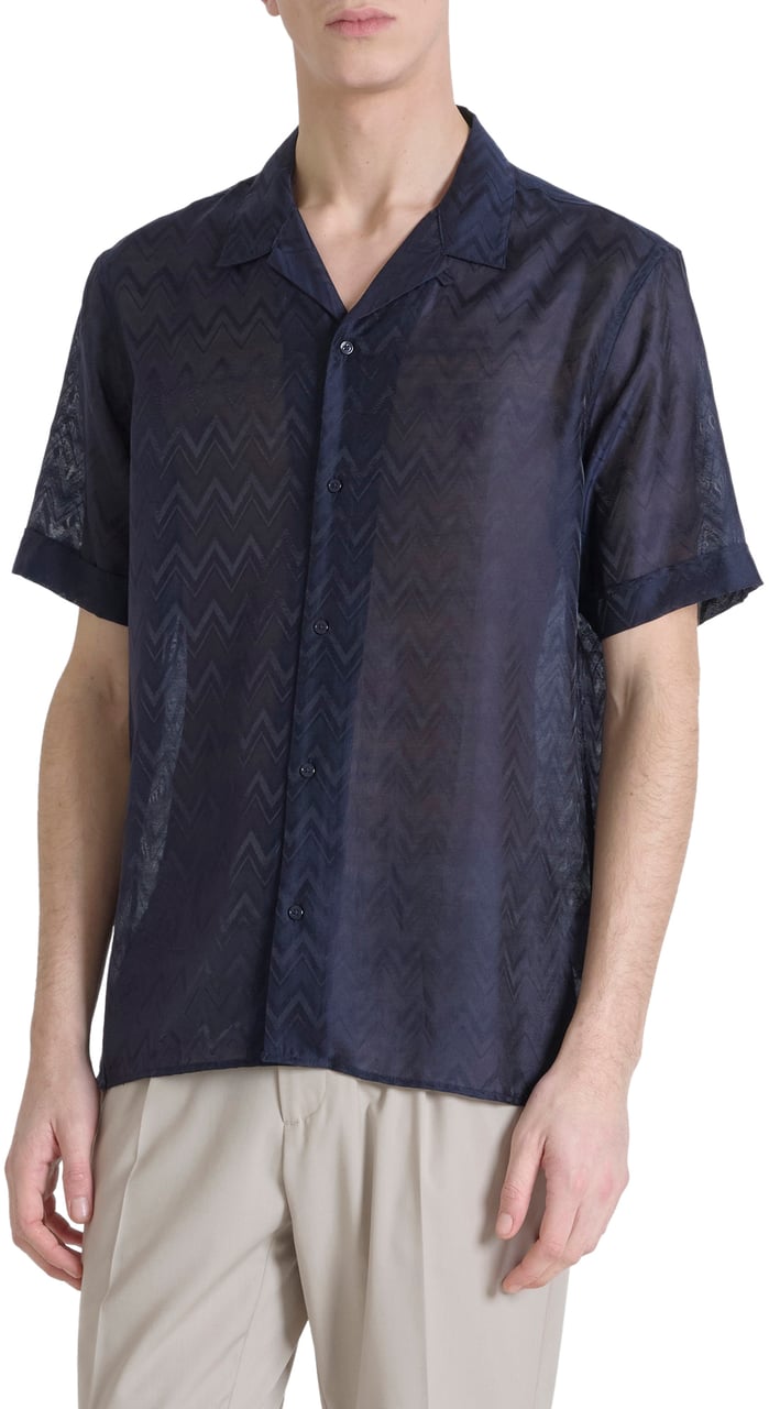 Antony Morato SHIRT HONOLULU REGULAR STRAIGHT FIT IN JACQUARD LYOCELL NYLON BLEND FABRIC WITH LOGOED METAL BADGE Blauw
