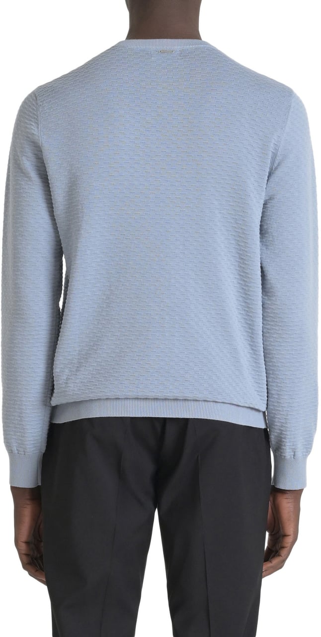 Antony Morato SWEATER REGULAR FIT IN COMBED COTTON FINE YARN JACQUARD 3D KNITSTITCH WITH LOGOED METAL BADGE Blauw