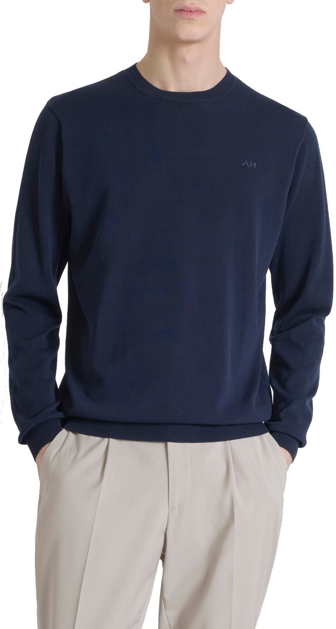 Antony Morato SWEATER REGULAR FIT IN COTTON BLEND SOFT YARN WITH FOAM LOGO PRINT Blauw
