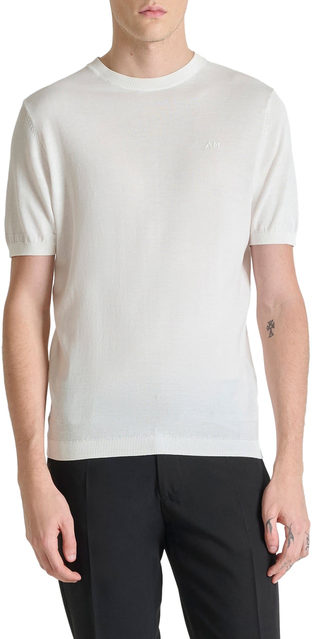 Antony Morato SWEATER ROUND COLLAR SHORT SLEEVES REGULAR FIT SOFT YARN WITH FOAM LOGO PRINT Beige