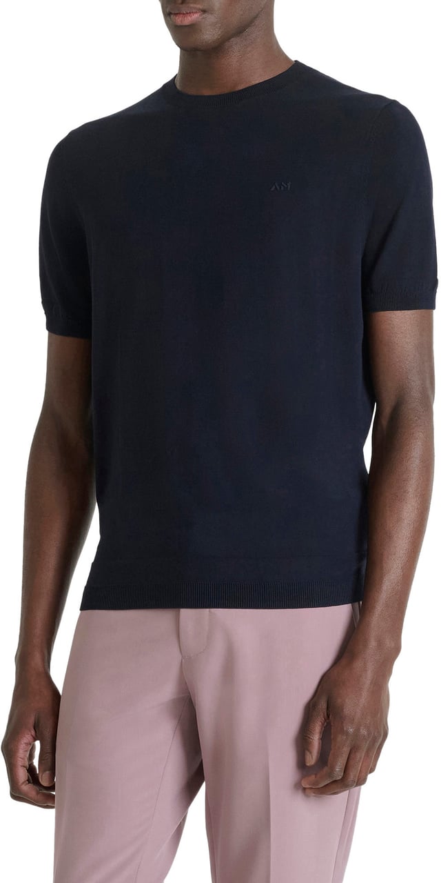 Antony Morato SWEATER ROUND COLLAR SHORT SLEEVES REGULAR FIT SOFT YARN WITH FOAM LOGO PRINT Blauw