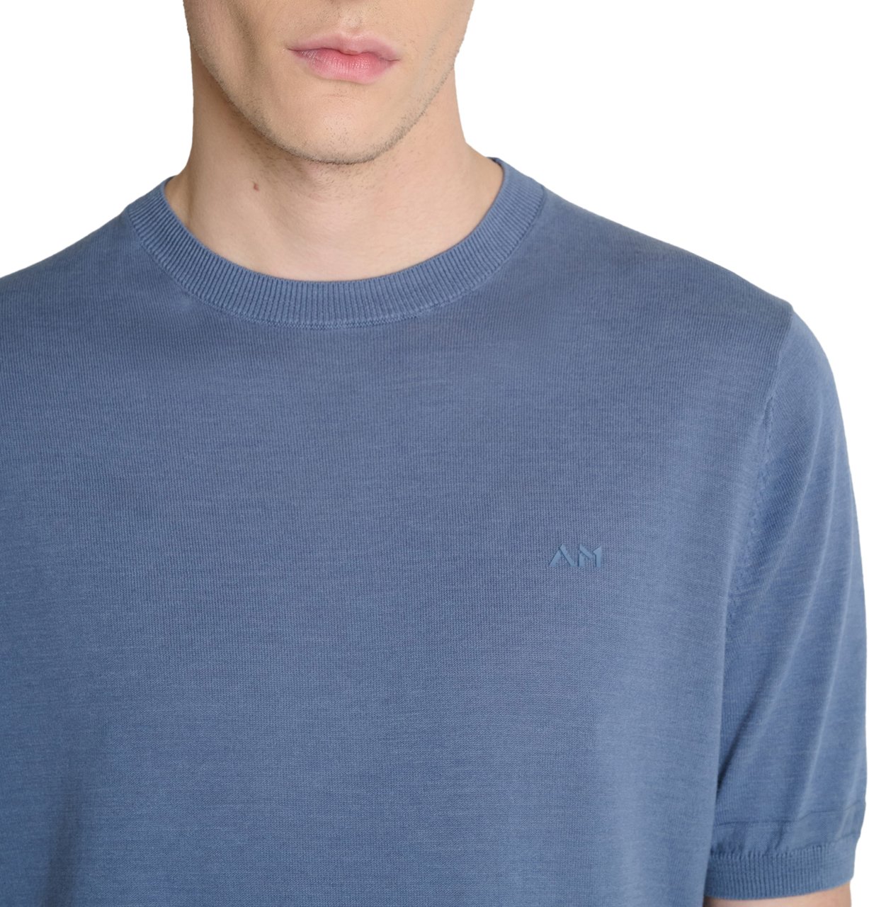 Antony Morato SWEATER ROUND COLLAR SHORT SLEEVES REGULAR FIT SOFT YARN WITH FOAM LOGO PRINT Blauw