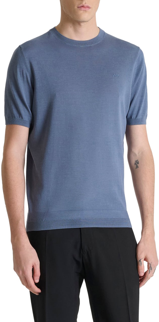 Antony Morato SWEATER ROUND COLLAR SHORT SLEEVES REGULAR FIT SOFT YARN WITH FOAM LOGO PRINT Blauw