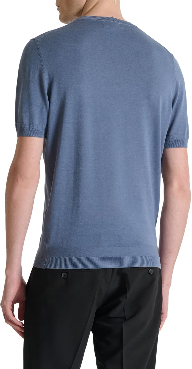 Antony Morato SWEATER ROUND COLLAR SHORT SLEEVES REGULAR FIT SOFT YARN WITH FOAM LOGO PRINT Blauw