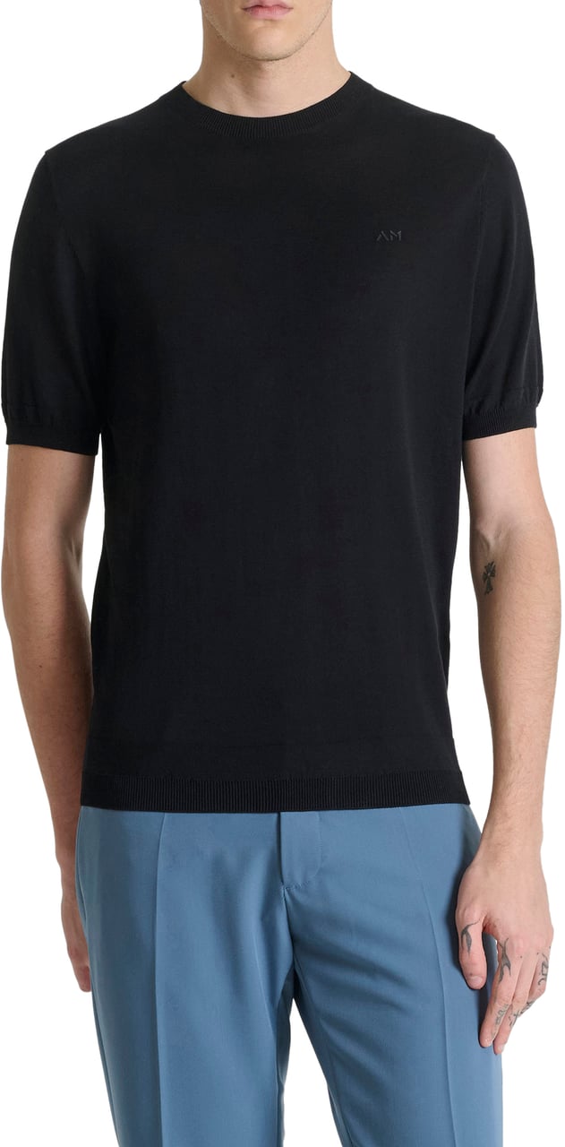 Antony Morato SWEATER ROUND COLLAR SHORT SLEEVES REGULAR FIT SOFT YARN WITH FOAM LOGO PRINT Zwart