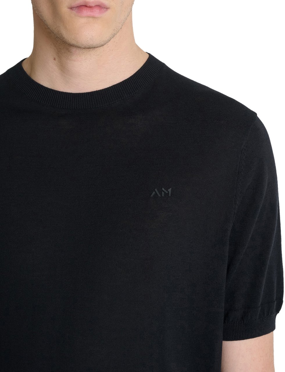Antony Morato SWEATER ROUND COLLAR SHORT SLEEVES REGULAR FIT SOFT YARN WITH FOAM LOGO PRINT Zwart