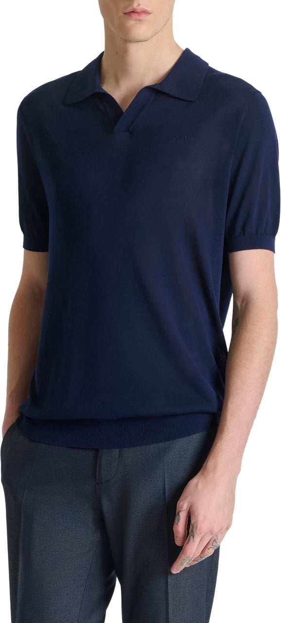 Antony Morato SWEATER POLO WIHTOUT BUTTON SHORT SLEEVES SLIM FIT SOFT FINE YARN Blauw