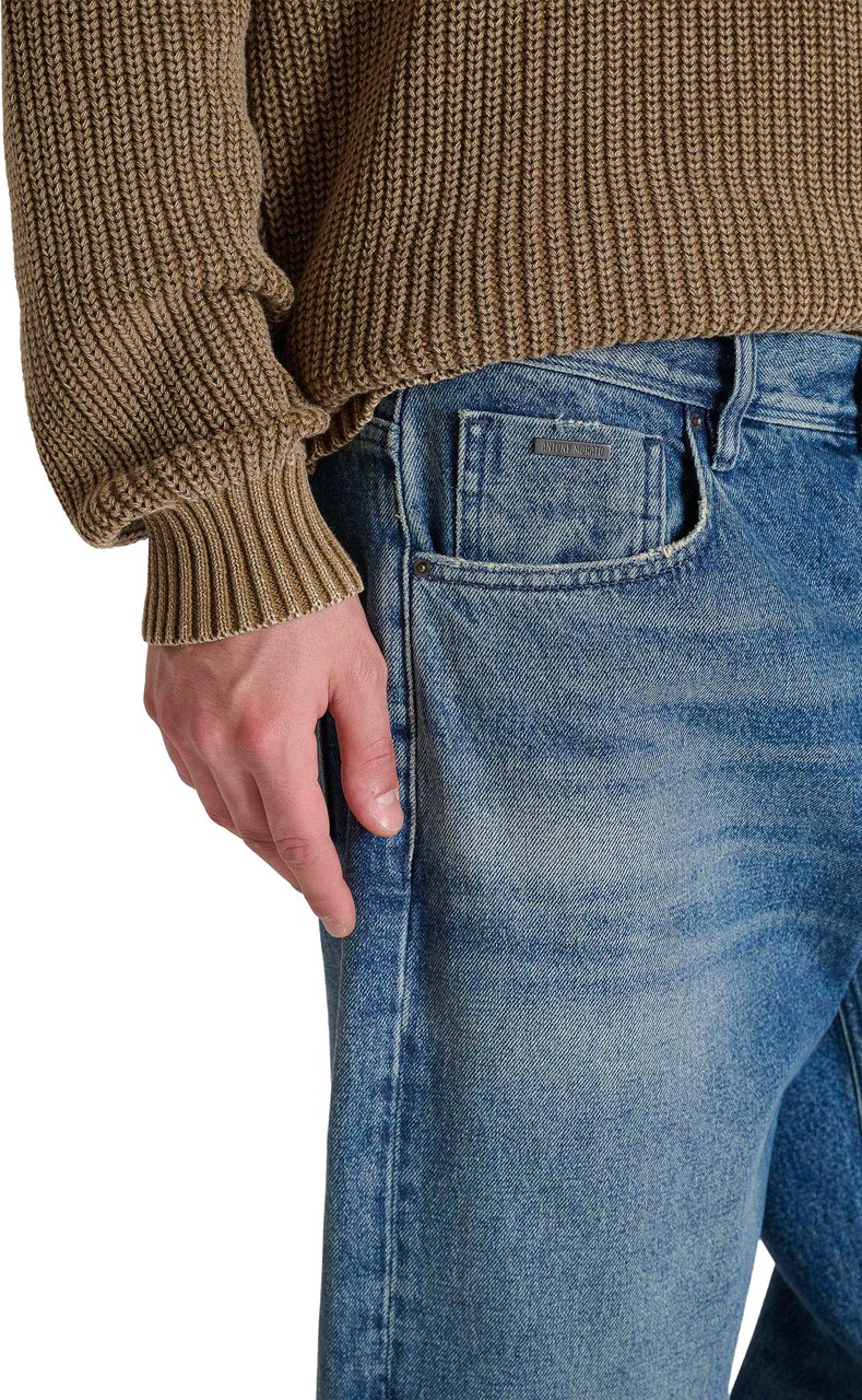 Antony Morato ROUND COLLAR SWEATER REGULAR FIT IN COTTON GARMENT DYE AND ACID WASH WITH METAL PLATE Beige