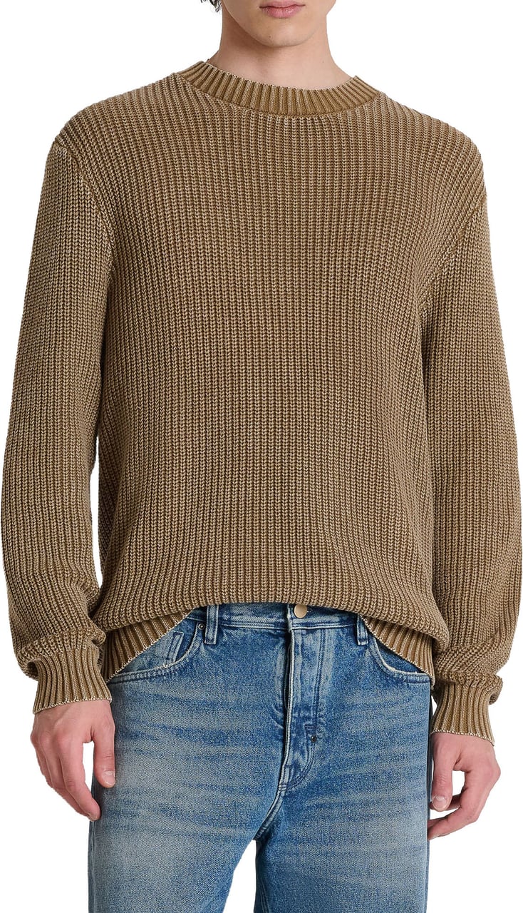 Antony Morato ROUND COLLAR SWEATER REGULAR FIT IN COTTON GARMENT DYE AND ACID WASH WITH METAL PLATE Beige