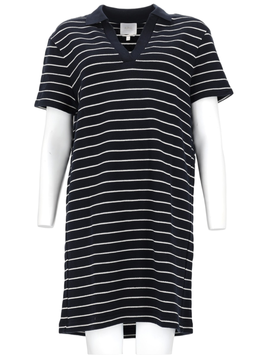 A.P.C. Striped Cotton V-Neck Polo Dress Zwart