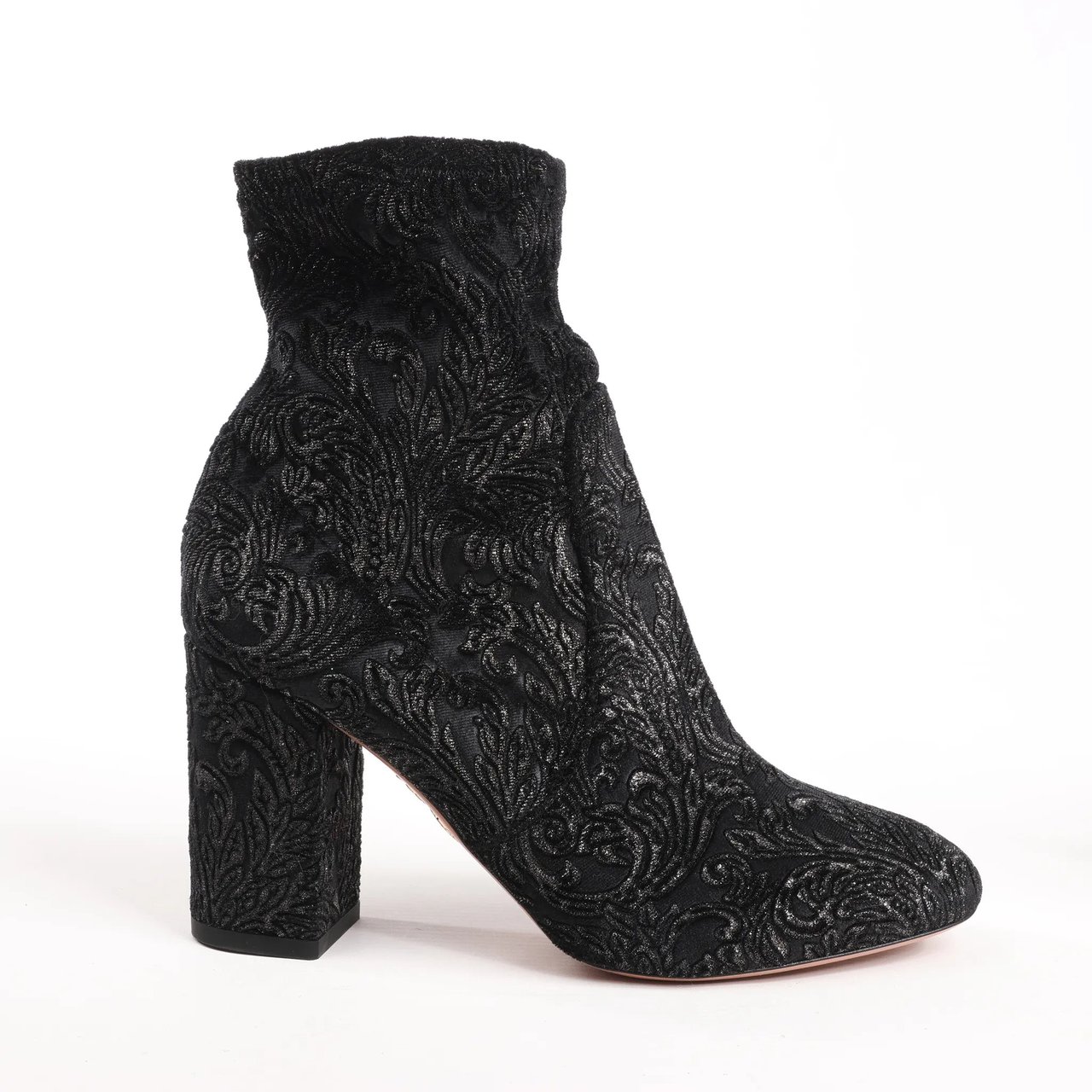Aquazzura AQUAZZURA Heeled Velvet Ankle Sock Boots Tonal Baroque Tapestry in Black, Size 35.5 EU Zwart