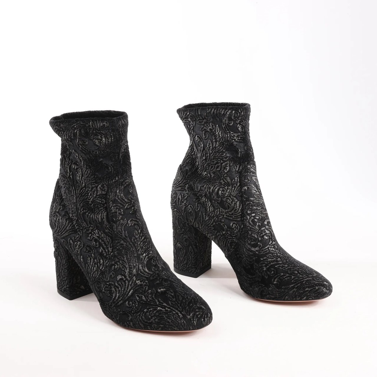 Aquazzura AQUAZZURA Heeled Velvet Ankle Sock Boots Tonal Baroque Tapestry in Black, Size 35.5 EU Zwart