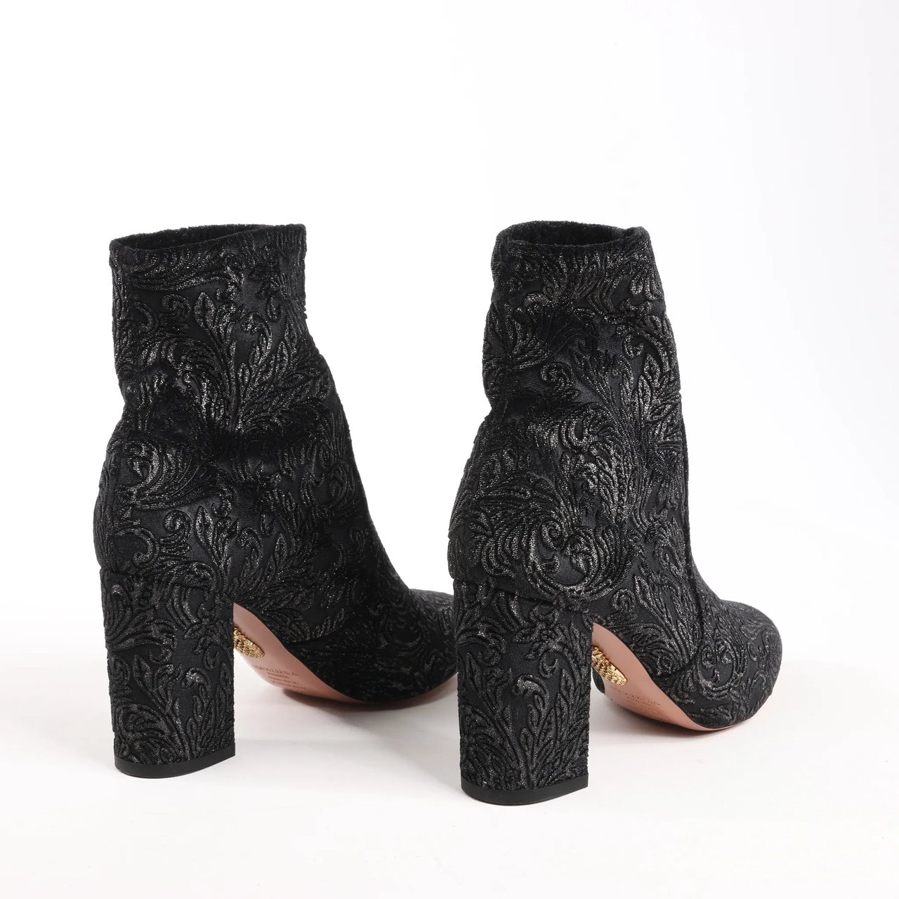 AQUAZZURA Heeled Velvet Ankle Sock Boots Tonal Baroque Tapestry in Black, Size 35.5 EU Zwart