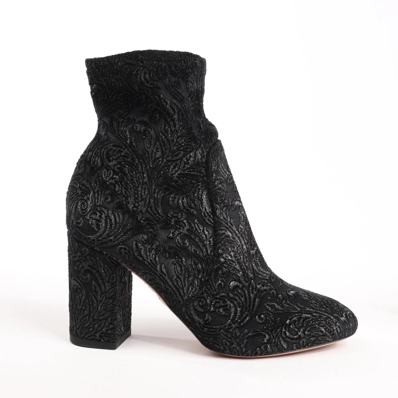 AQUAZZURA Heeled Velvet Ankle Sock Boots Tonal Baroque Tapestry in Black, Size 35.5 EU Zwart