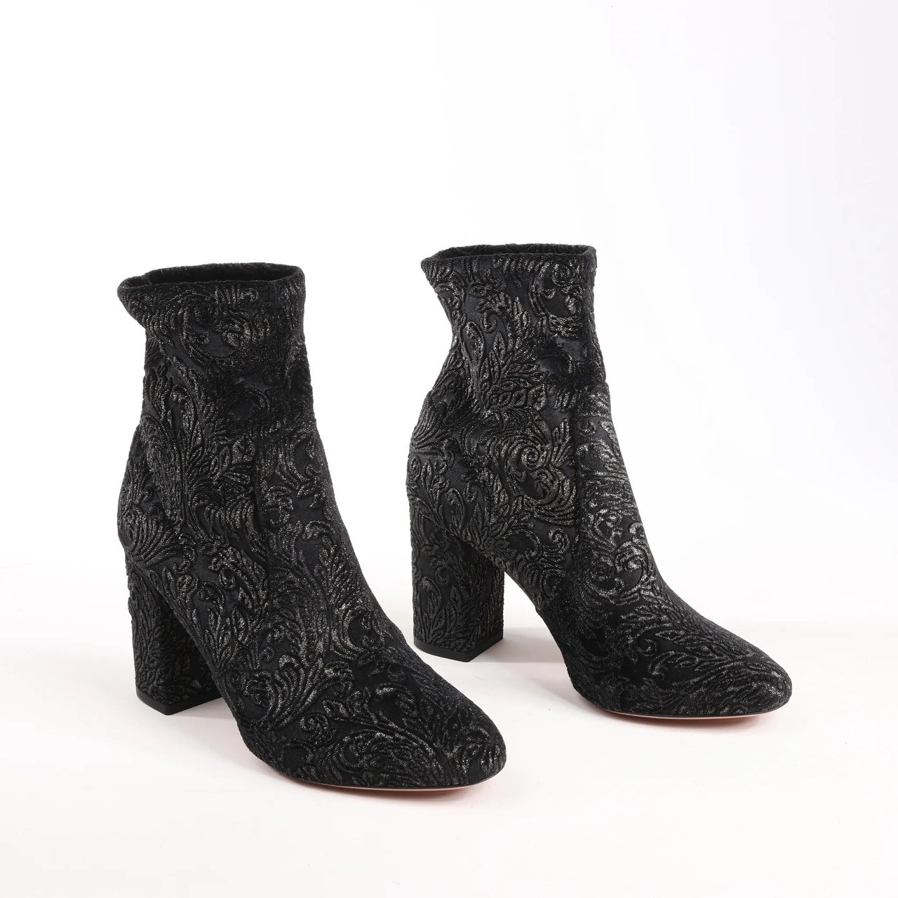 AQUAZZURA Heeled Velvet Ankle Sock Boots Tonal Baroque Tapestry in Black, Size 35.5 EU Zwart
