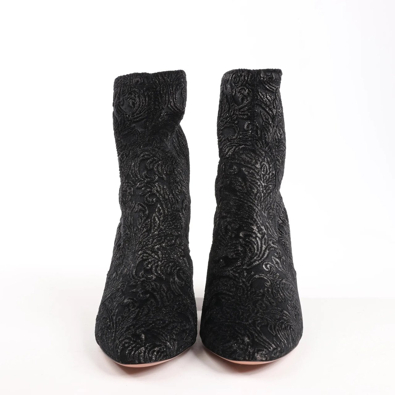 AQUAZZURA Heeled Velvet Ankle Sock Boots Tonal Baroque Tapestry in Black, Size 35.5 EU Zwart