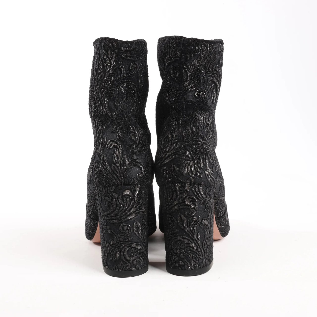 AQUAZZURA Heeled Velvet Ankle Sock Boots Tonal Baroque Tapestry in Black, Size 35.5 EU Zwart
