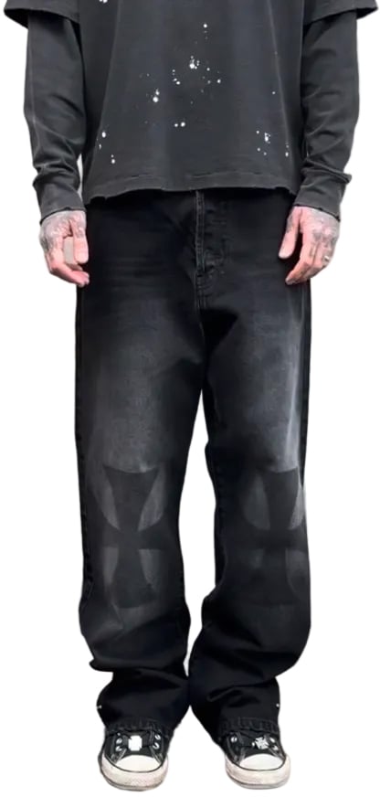 ASKYURSELF CROSS PATCH BAGGY JEANS WASHED BLACK Zwart