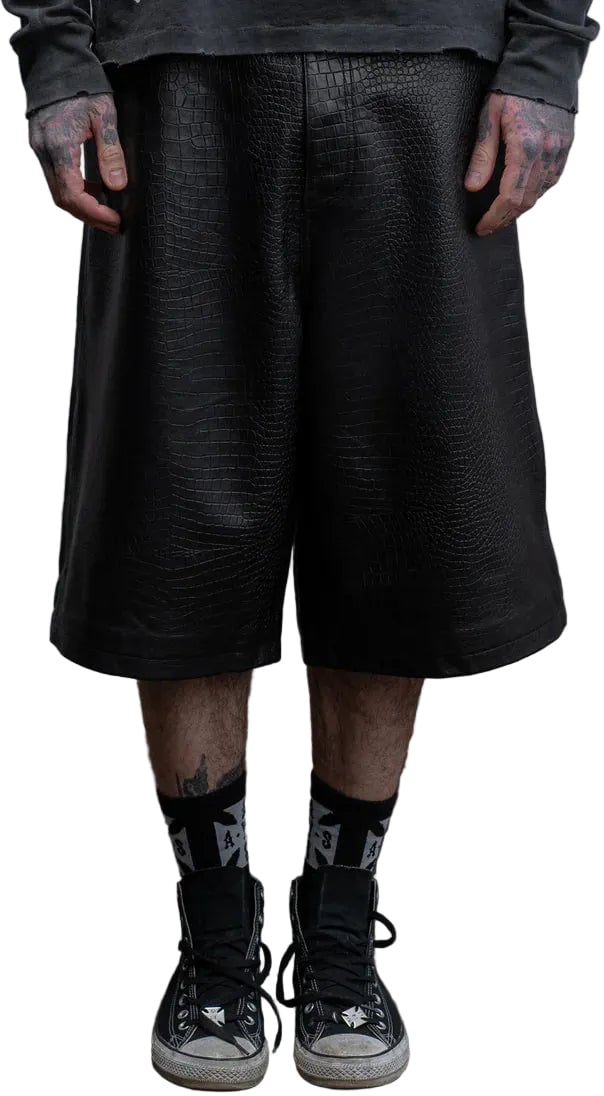 ASKYURSELF CROC LEATHER BAGGY SHORTS BLACK Zwart