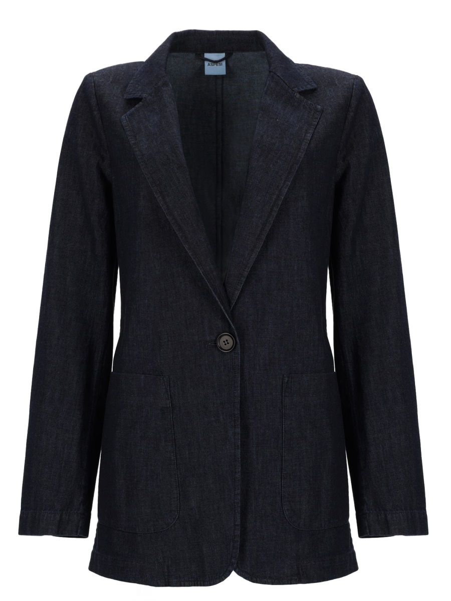 Aspesi Dark Denim Notch Lapel Cotton Jacket Zwart