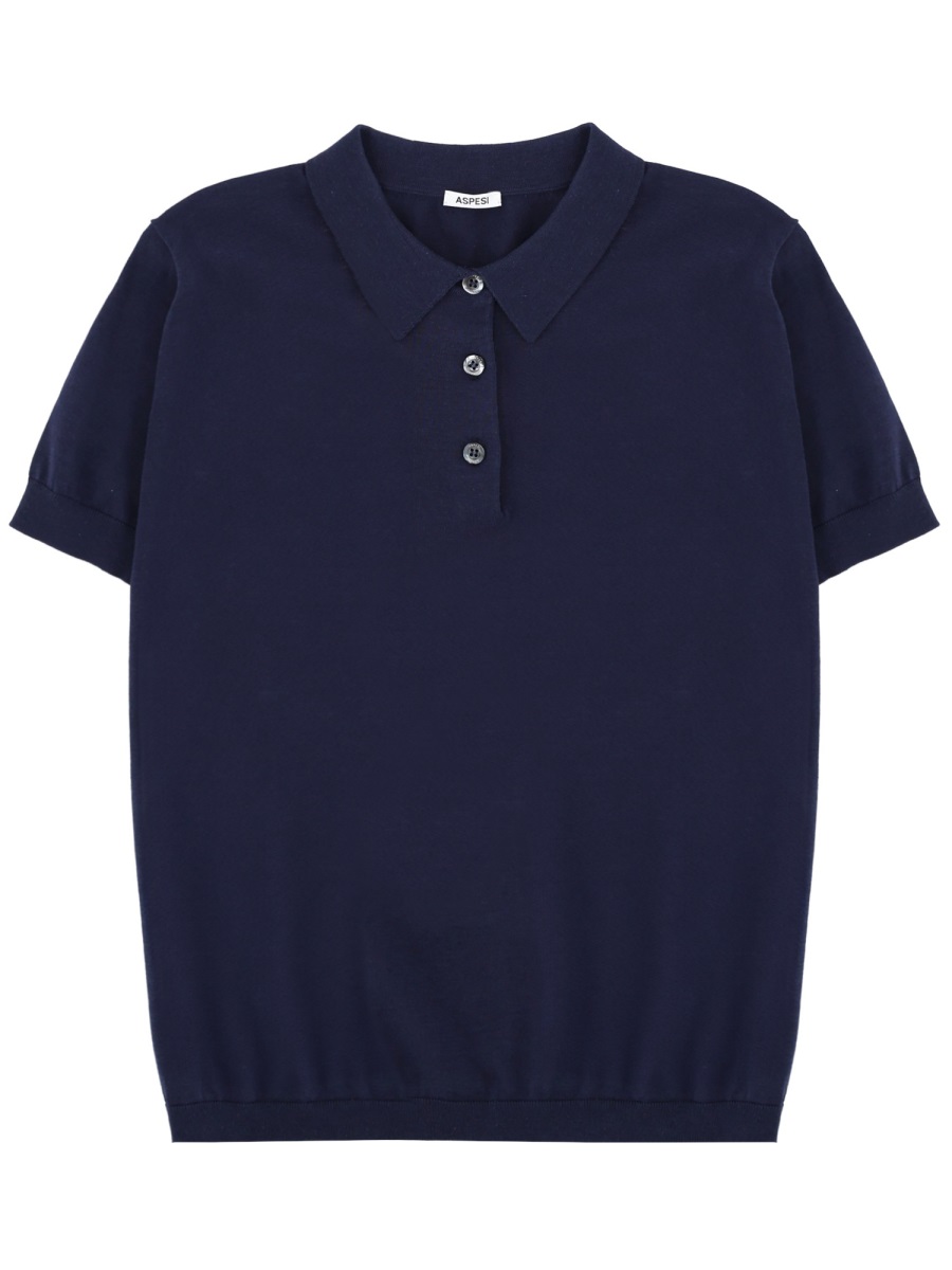 Aspesi Deep Navy Cotton-Blend Ribbed Polo Shirt Zwart