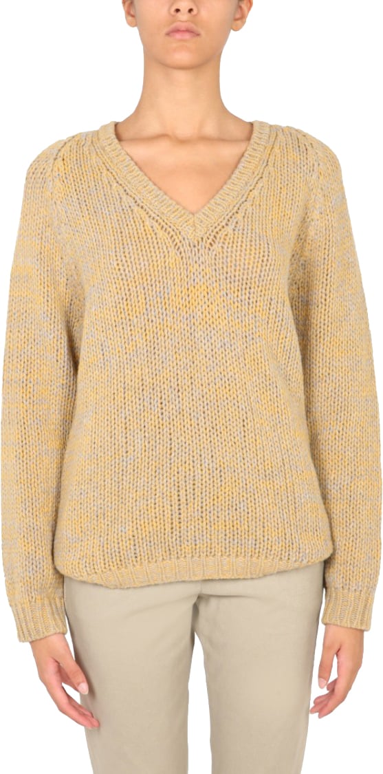 Aspesi V-Neck Knit Sweater In Virgin Wool Bruin