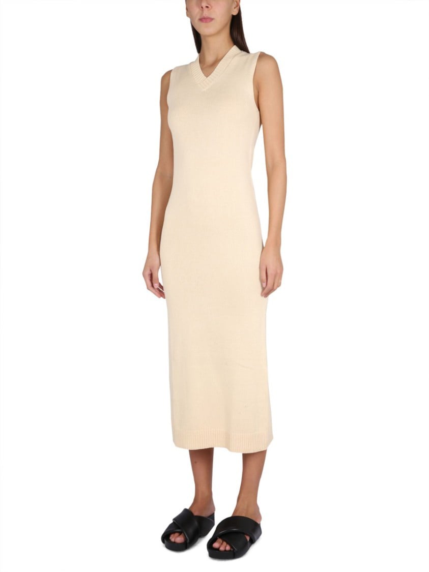 Aspesi V-Neck Long Dress With Ribbed Edges Neutraal
