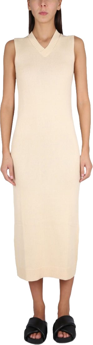 Aspesi V-Neck Long Dress With Ribbed Edges Neutraal
