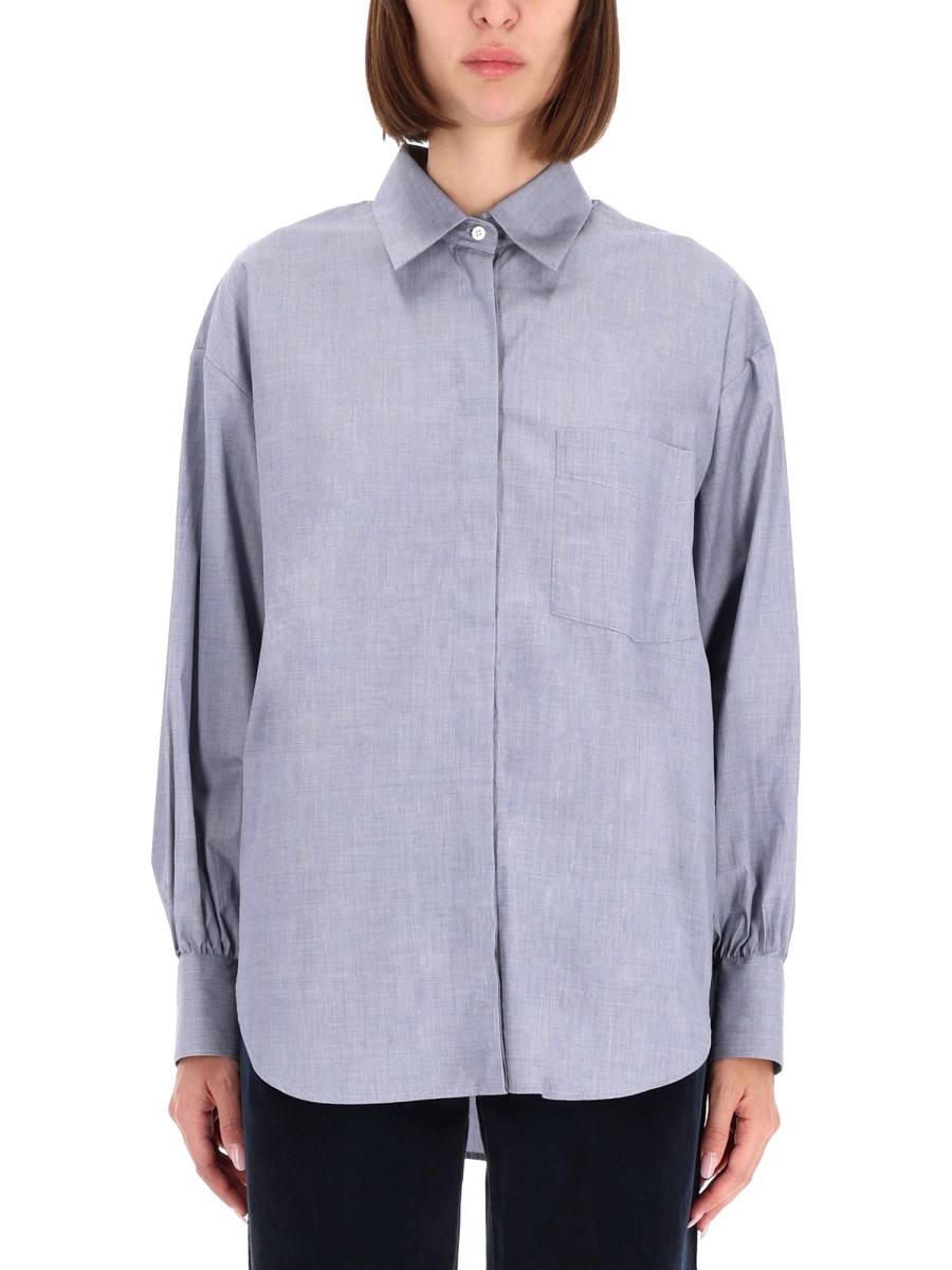 Aspesi High Collar Pleated Cotton Shirt Wit