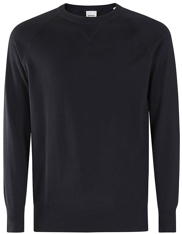 Aspesi Navy Blue Cotton Sweater With Ribbed Trims Blauw