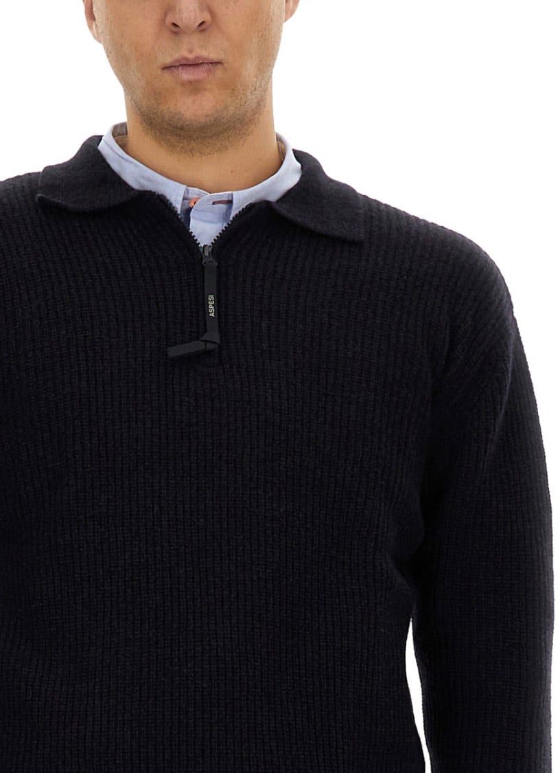 Aspesi Textured Ribbed Black Wool Jersey Zwart