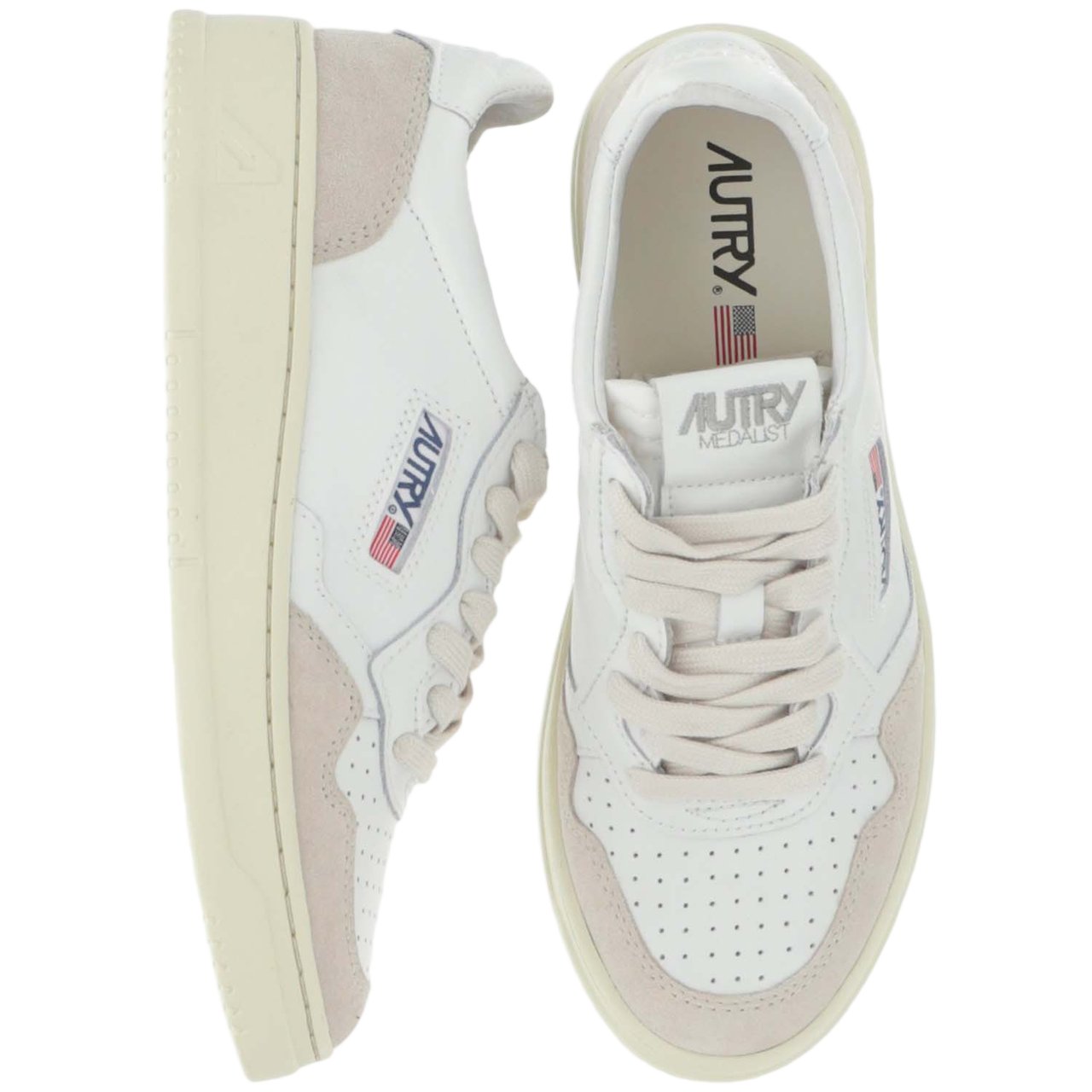 Autry Beige Leather And Suede Low-Top Sneakers With Embossed Branding Grijs