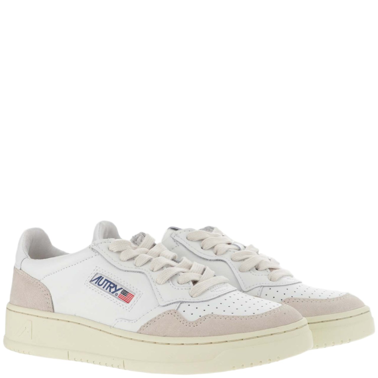 Autry Beige Leather And Suede Low-Top Sneakers With Embossed Branding Grijs