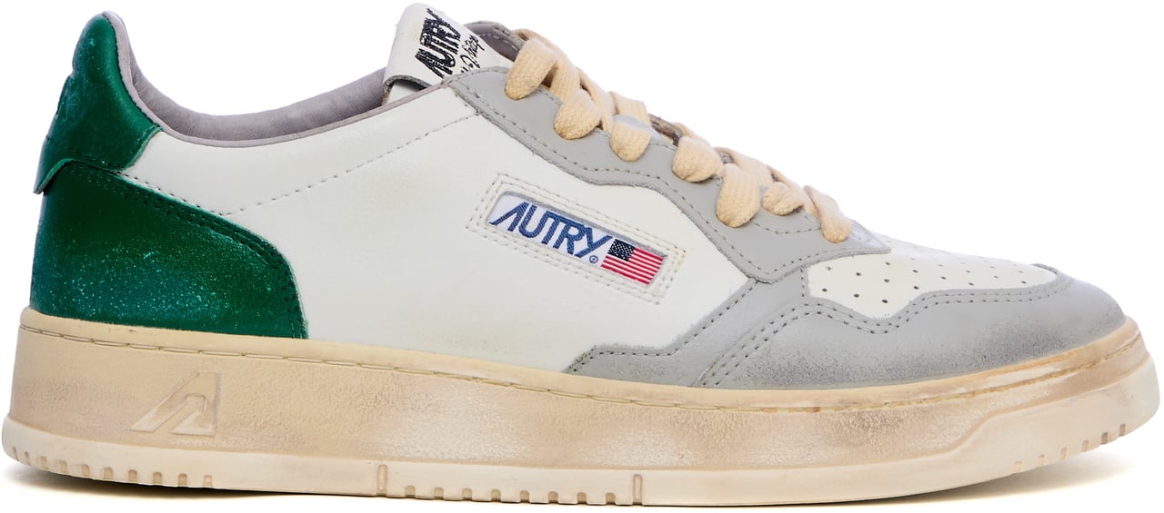 Autry Sneakers Medalist Low Super Vintage In Pelle Bianca, Verde, Grigia Wit