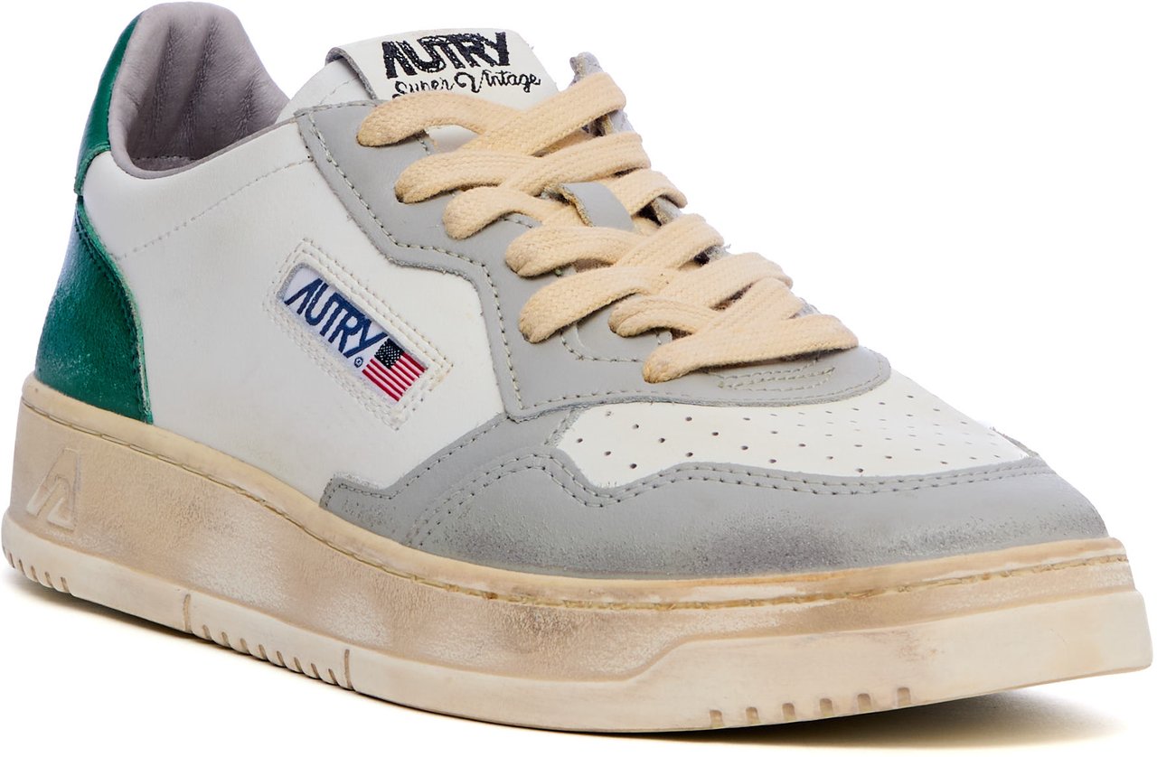 Autry Sneakers Medalist Low Super Vintage In Pelle Bianca, Verde, Grigia Wit