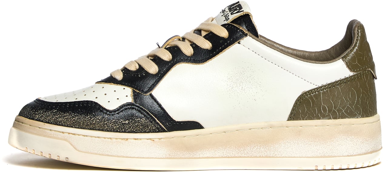 Autry Sneakers Medalist Low Super Vintage In Pelle Bianca, Covert Green, Black Wit