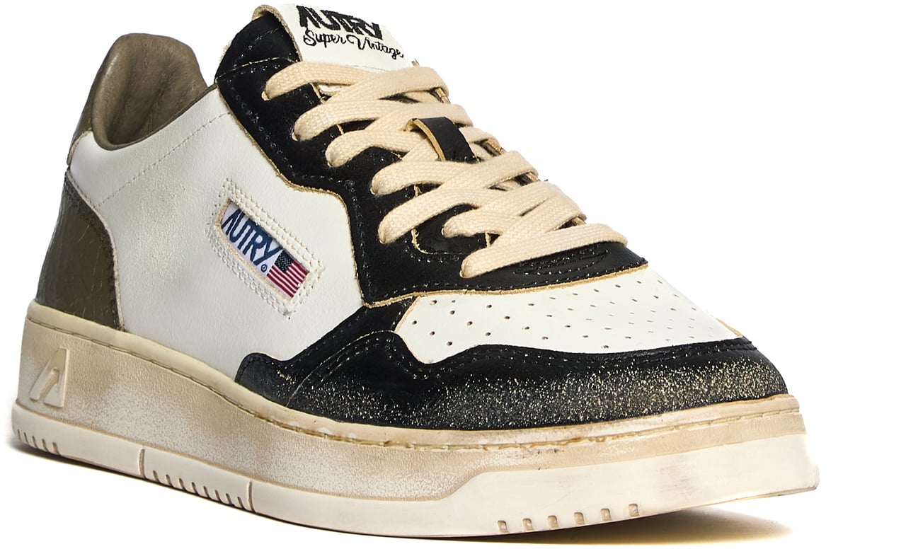 Autry Sneakers Medalist Low Super Vintage In Pelle Bianca, Covert Green, Black Wit