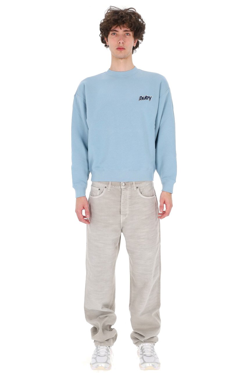 Autry Light Blue Central Logo Cotton Crewneck Sweatshirt Blauw